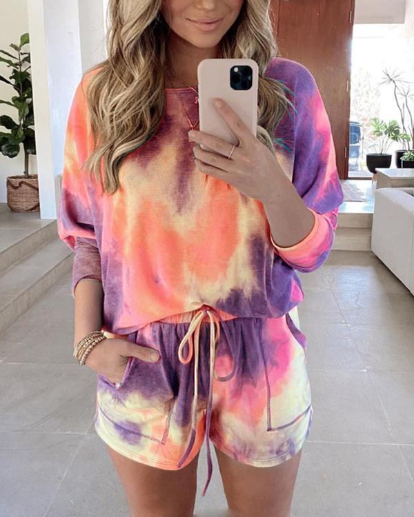 Tie Dye Long Sleeve Top And High Waist Shorts Women Loungewear