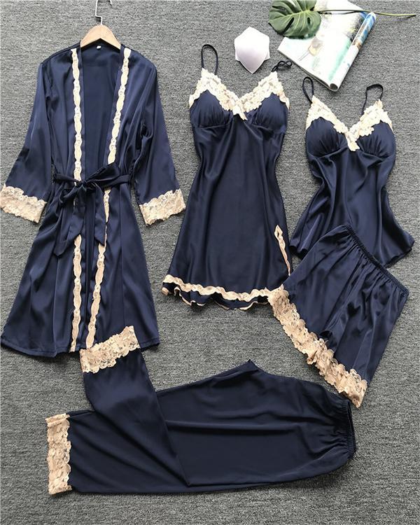 Satin Lace Trim 5PCS Sleepwear Sets