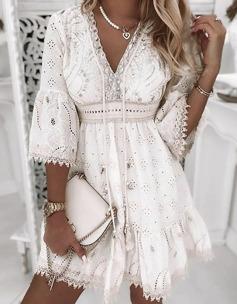 Women's Lace Embroidery Hollow Out 3/4 Length Sleeve Party Dress
